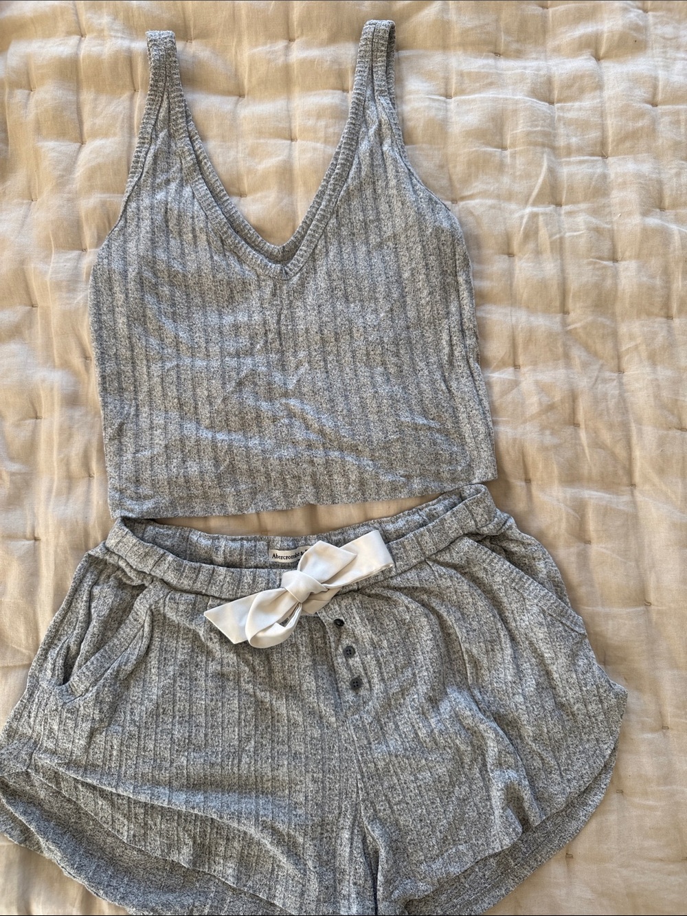 Abercrombie & Fitch Light Gray Lounge Ribbed V-Neck Tank and Shorts Set with Bow
